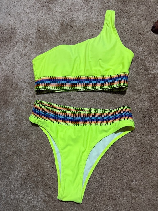 Other - Neon Lime One-Shoulder Bikini Set with Multicolor Waistband
